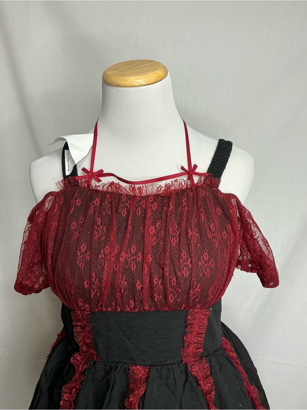 2198 - Red & Black Lace Trim Off-Shoulder Midi Dress
(Crinoline Not included). - Picture 3 of 16